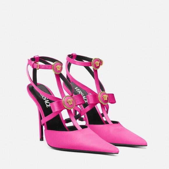 NIB Versace Gianni Ribbon 38.5 US 8.5 Pumps Fuchsia Cage Satin Ankle Strap $1325 - Picture 15 of 16